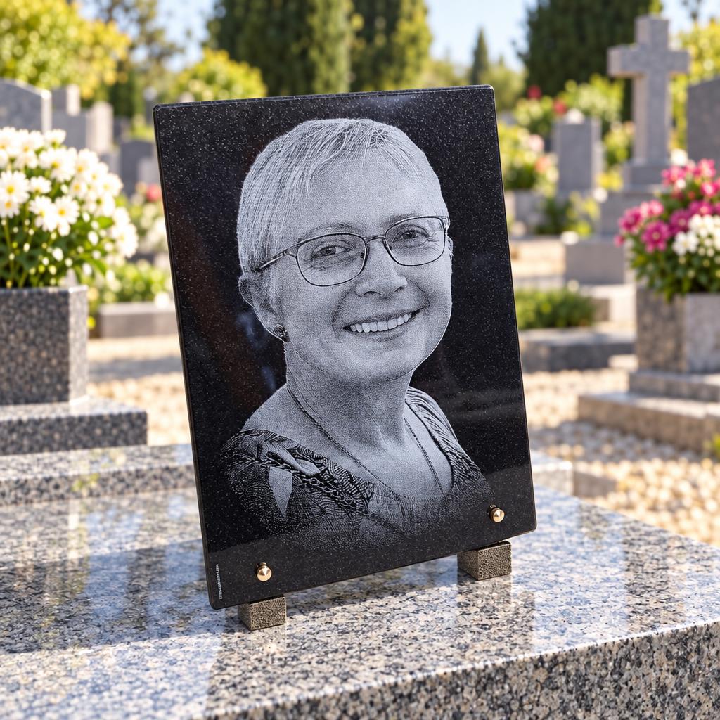 Plaque funéraire noire avec portrait gravé