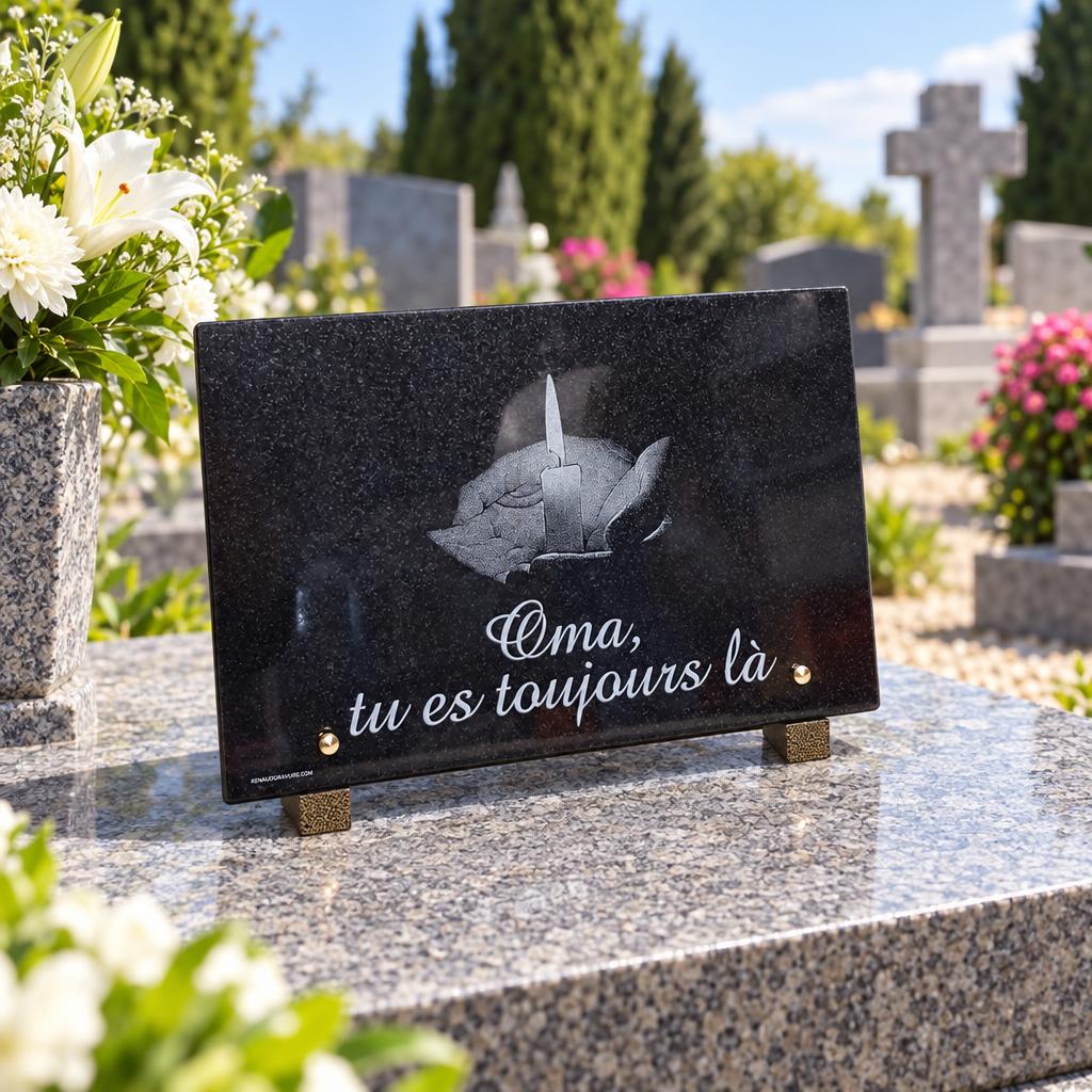 Plaque funéraire noire « Oma, tu es toujours là »