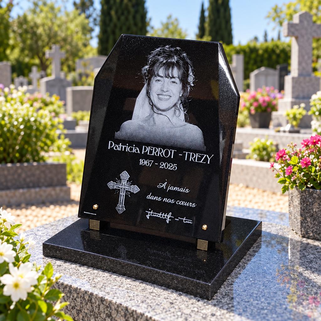 Plaque funéraire avec portrait gravé sur granit noir