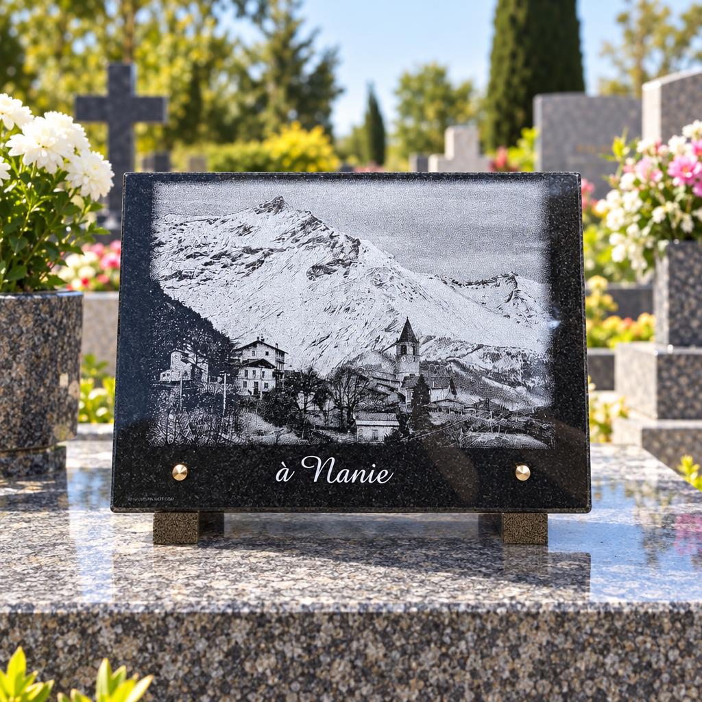 Plaque funéraire gravée d’un paysage de montagne
