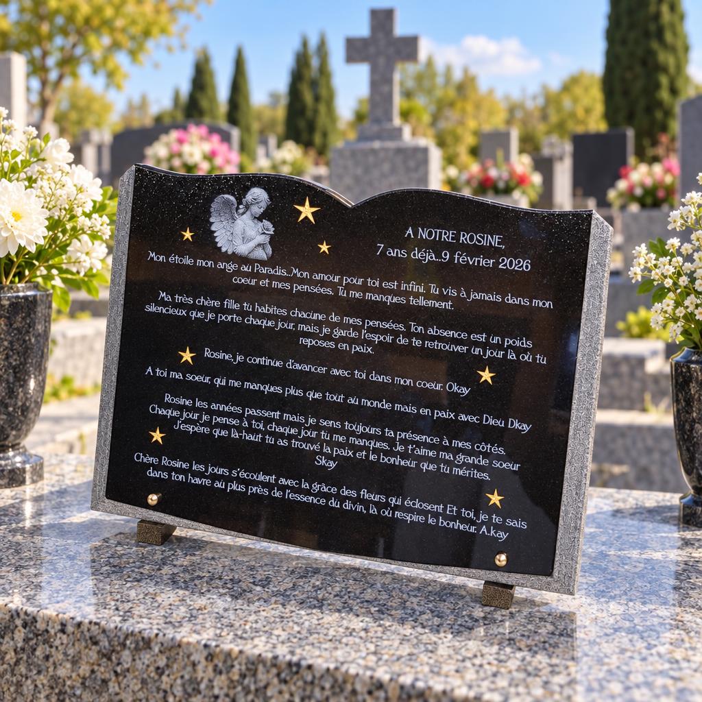 Plaque funéraire noire avec ange et étoiles