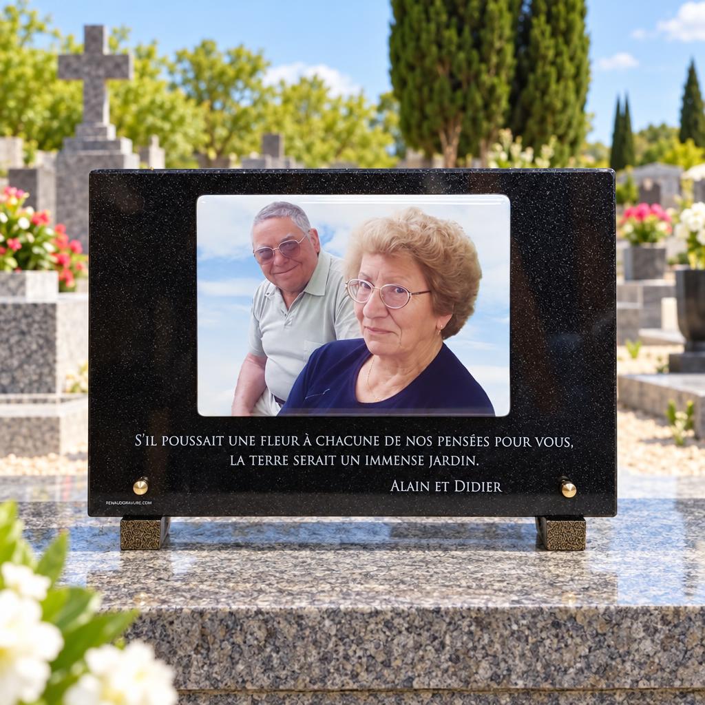 Plaque funéraire noire avec photographie et hommage floral