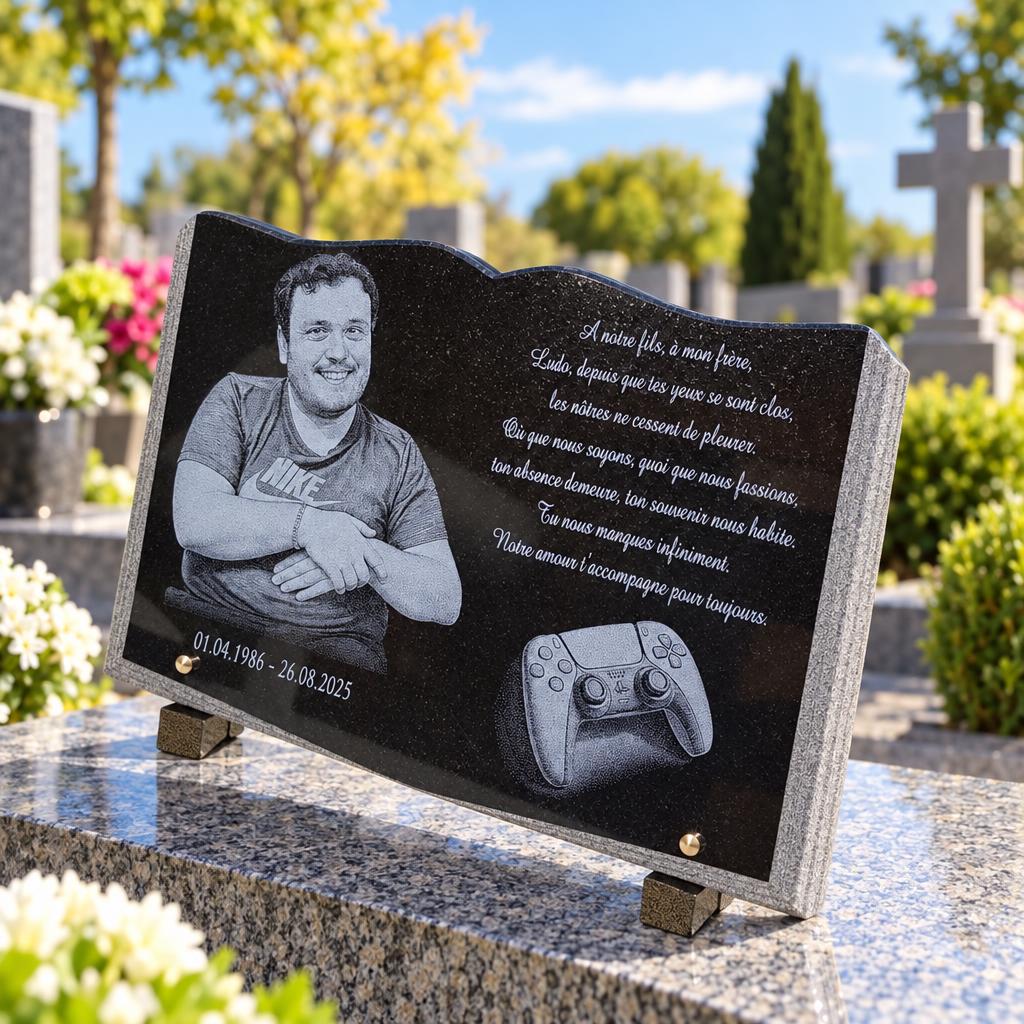 Plaque funéraire avec portrait et manette de jeu