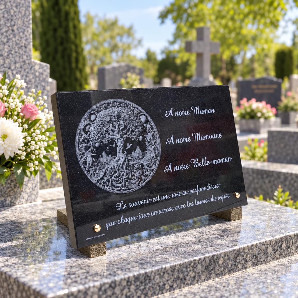 Plaque funéraire noire en hommage à une maman