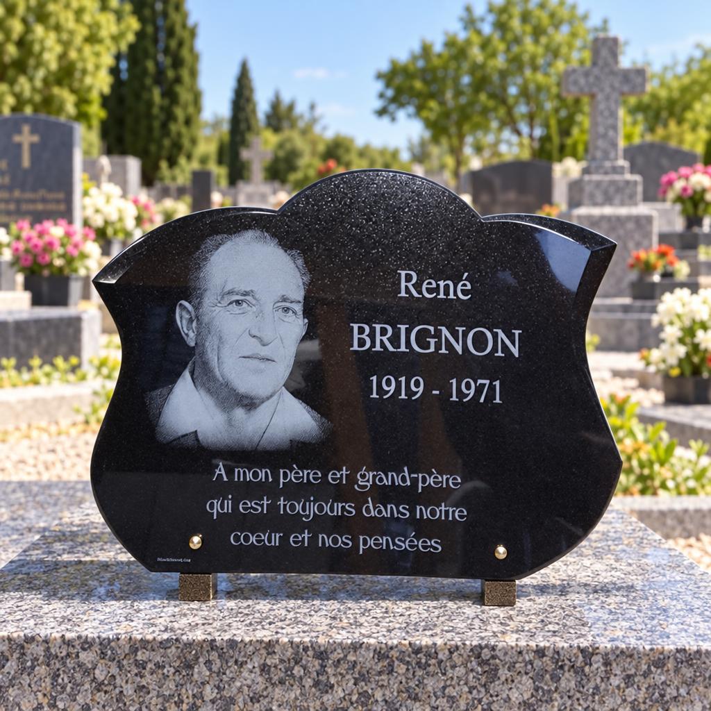 Plaque funéraire noire avec portrait gravé en hommage à un père et grand-père