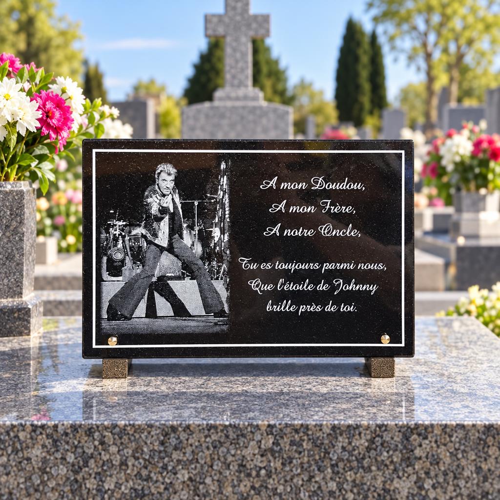 Plaque funéraire noire avec portrait de chanteur et hommage familial