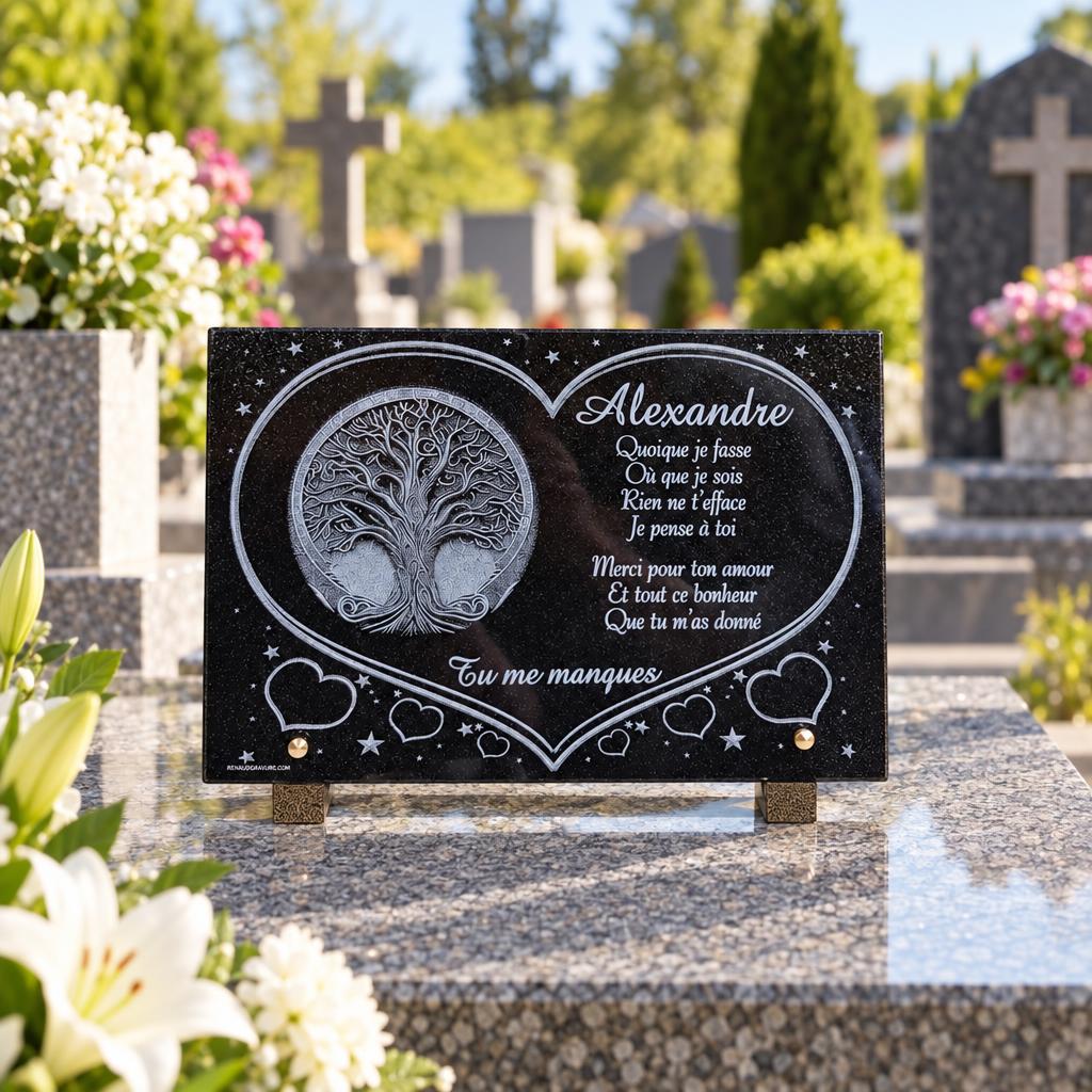 Plaque funéraire Alexandre avec arbre de vie et message d’amour