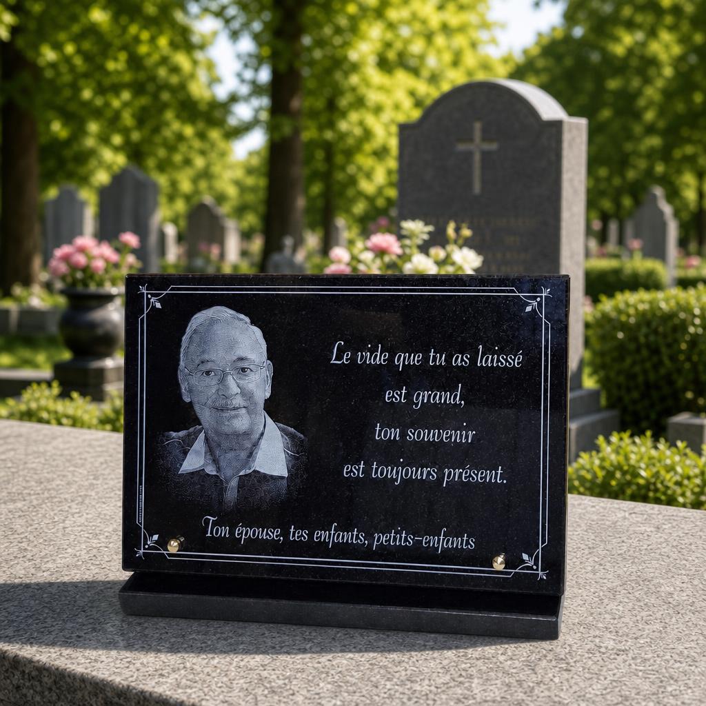 Plaque funéraire personnalisée en granit noir avec portrait gravé