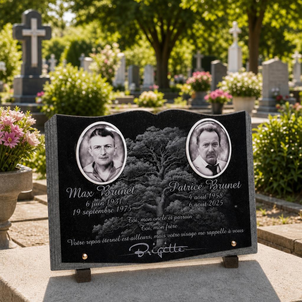 Plaque funéraire personnalisée en granit noir avec portraits et gravure d’arbre
