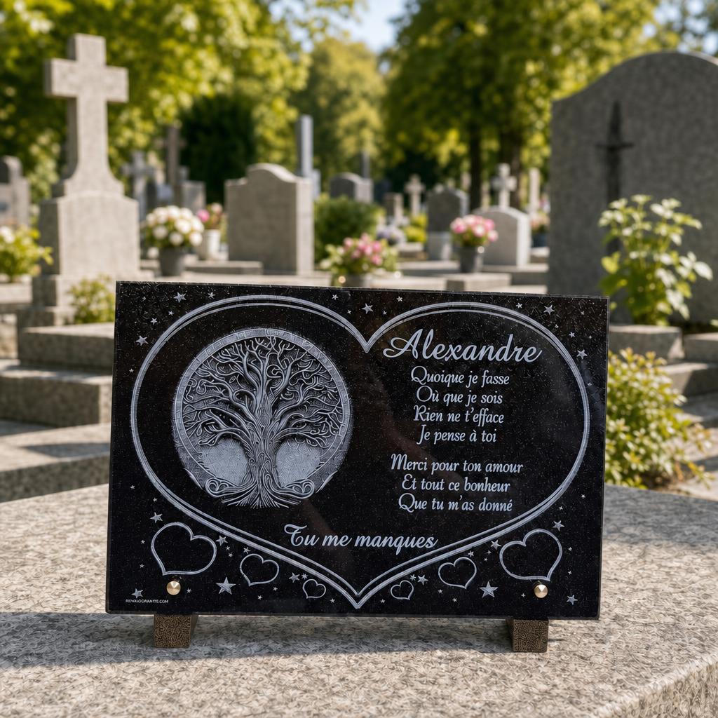 Plaque funéraire personnalisée avec cœur et arbre de vie