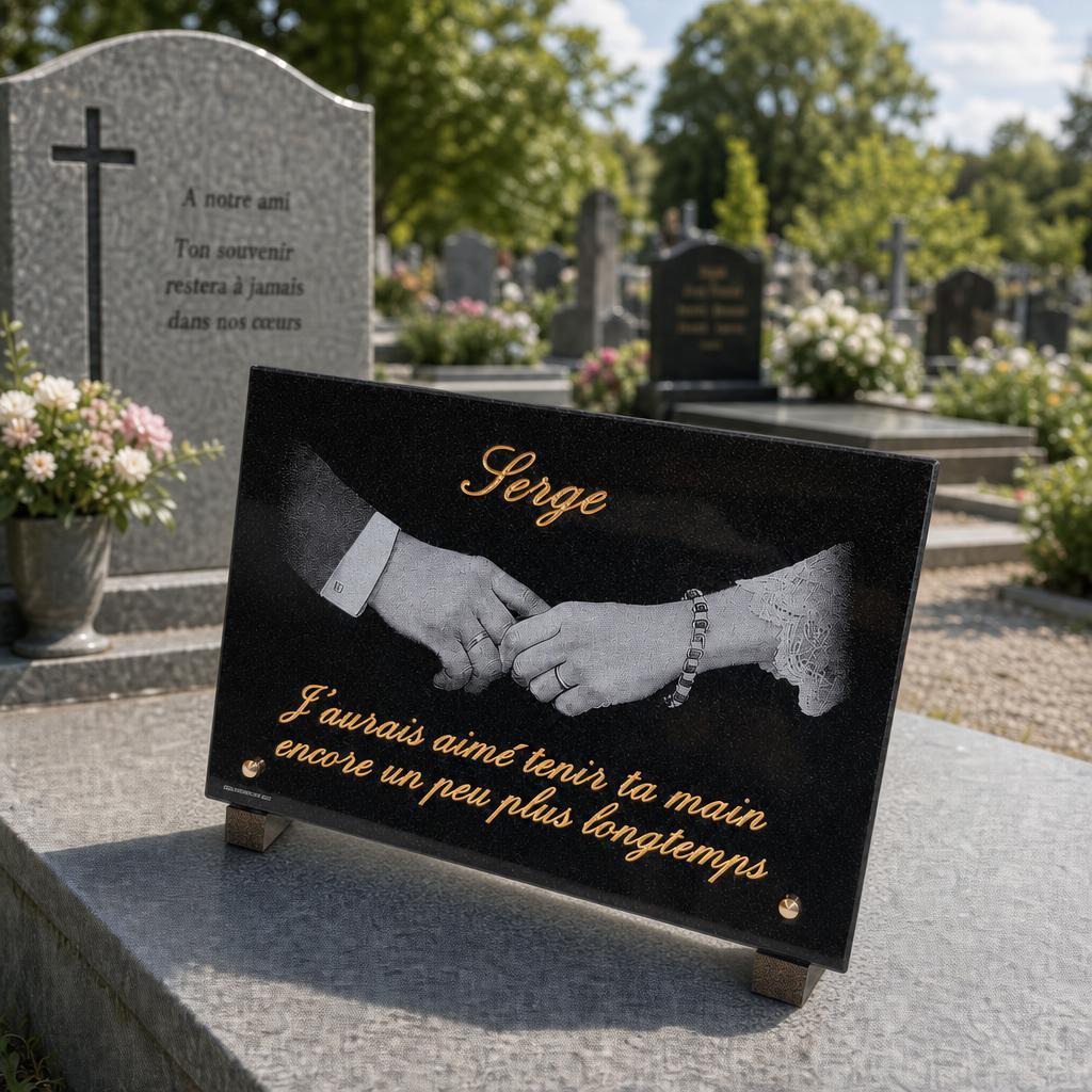 Plaque funéraire personnalisée avec mains enlacées
