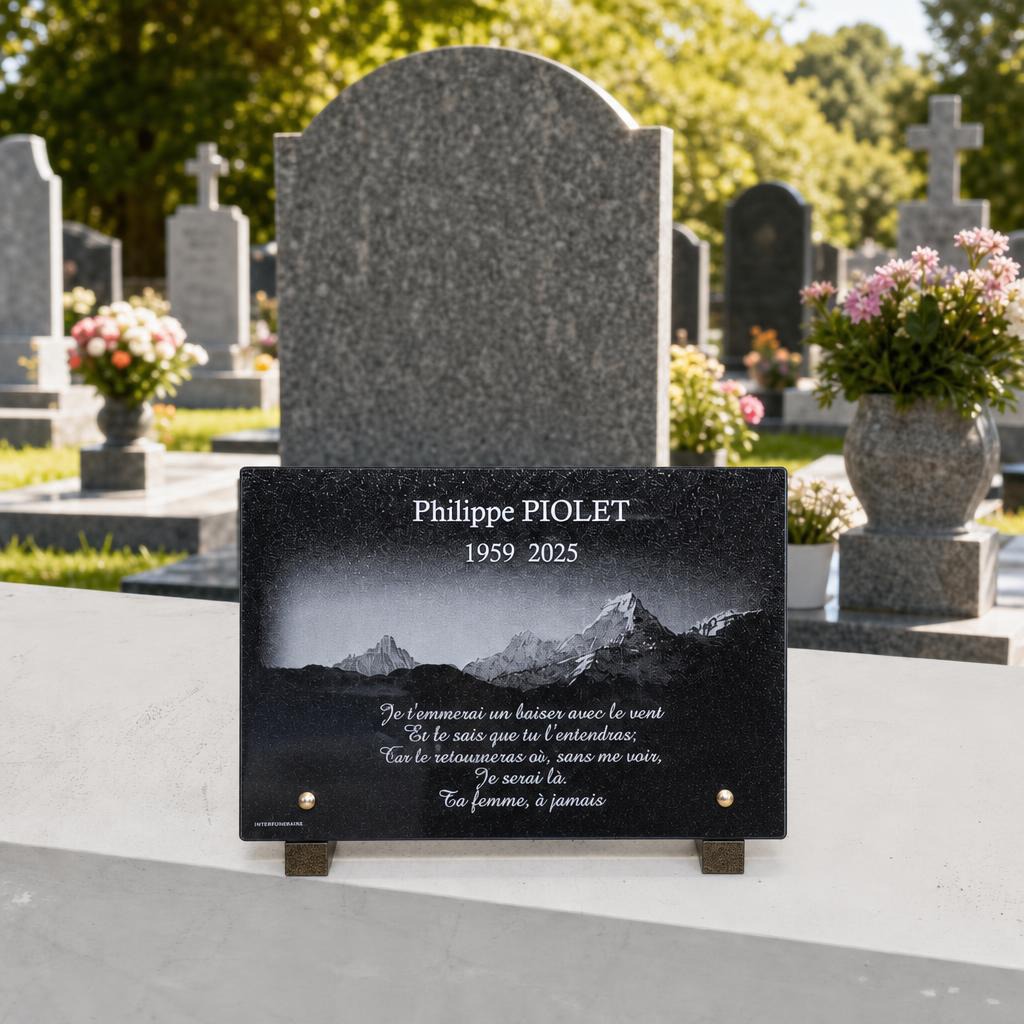 Plaque funéraire personnalisée avec gravure montagne