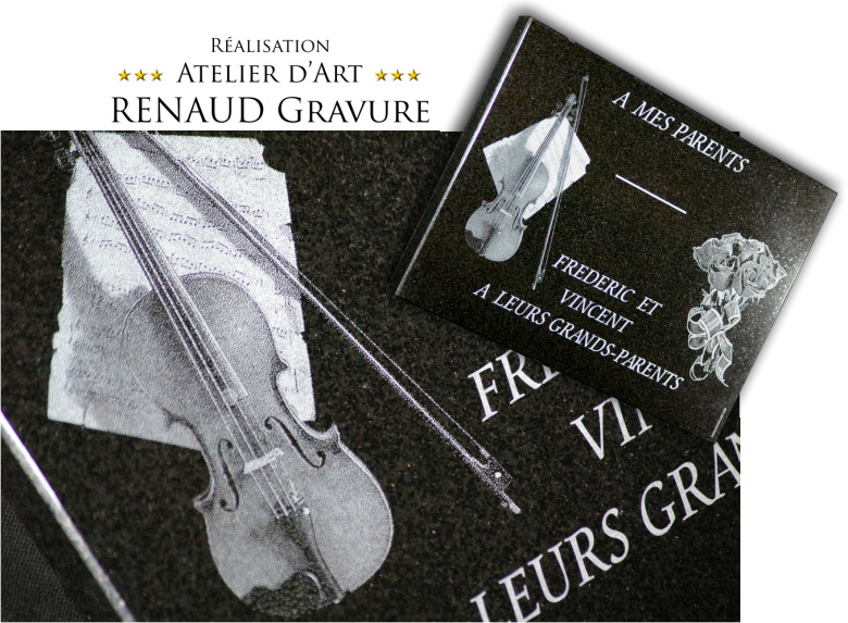 Plaque funéraire avec violon et bouquet de roses