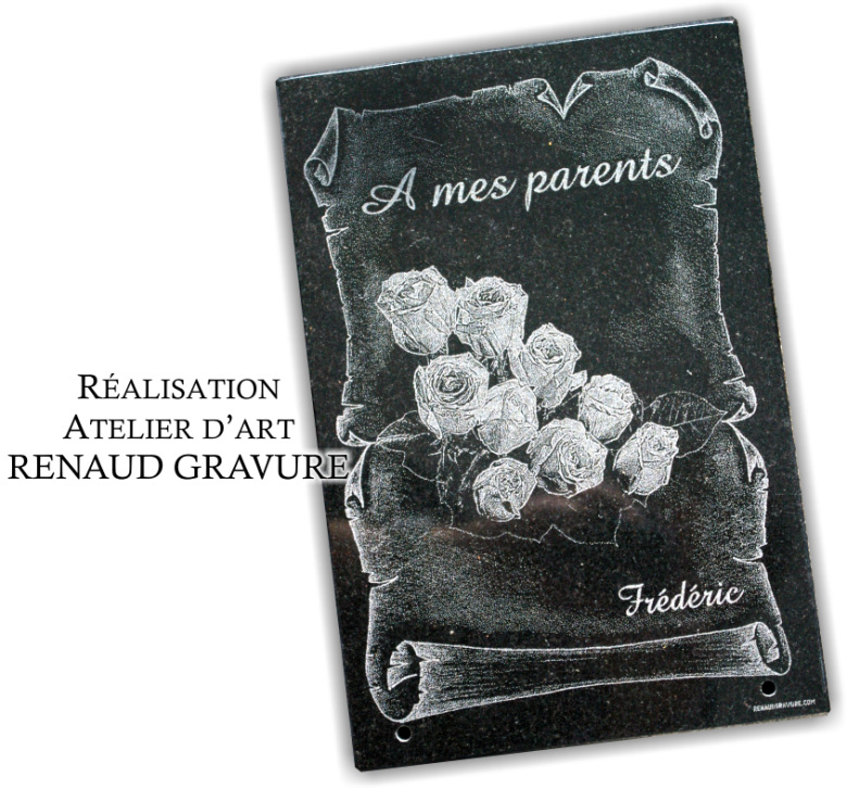 Plaque funeraire avec bouquet de roses